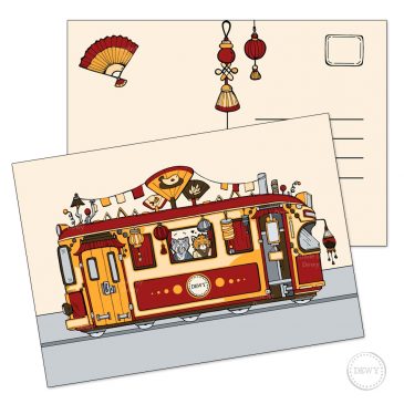 A5 postkaart met schattige vrolijke Aziatische tram op festival feestje door Dewy Venerius