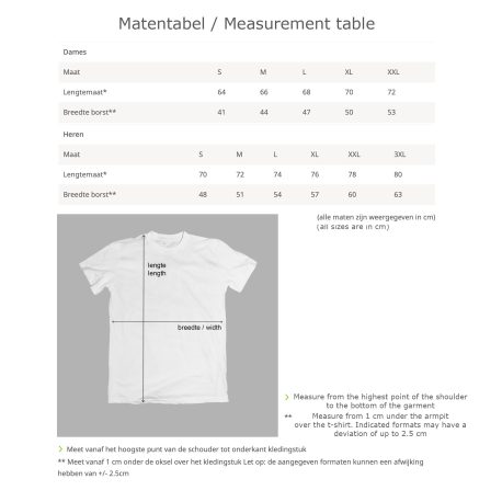 Matentabel T-shirts drukwerkdeal 2022