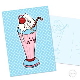 Schattige kawaii wenskaart met roze milkshake voor meisjes