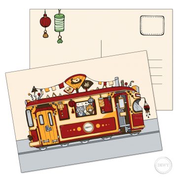 Schattige-vrolijke-postkaart met Aziatische tram postcard cute happy asian foodtruck
